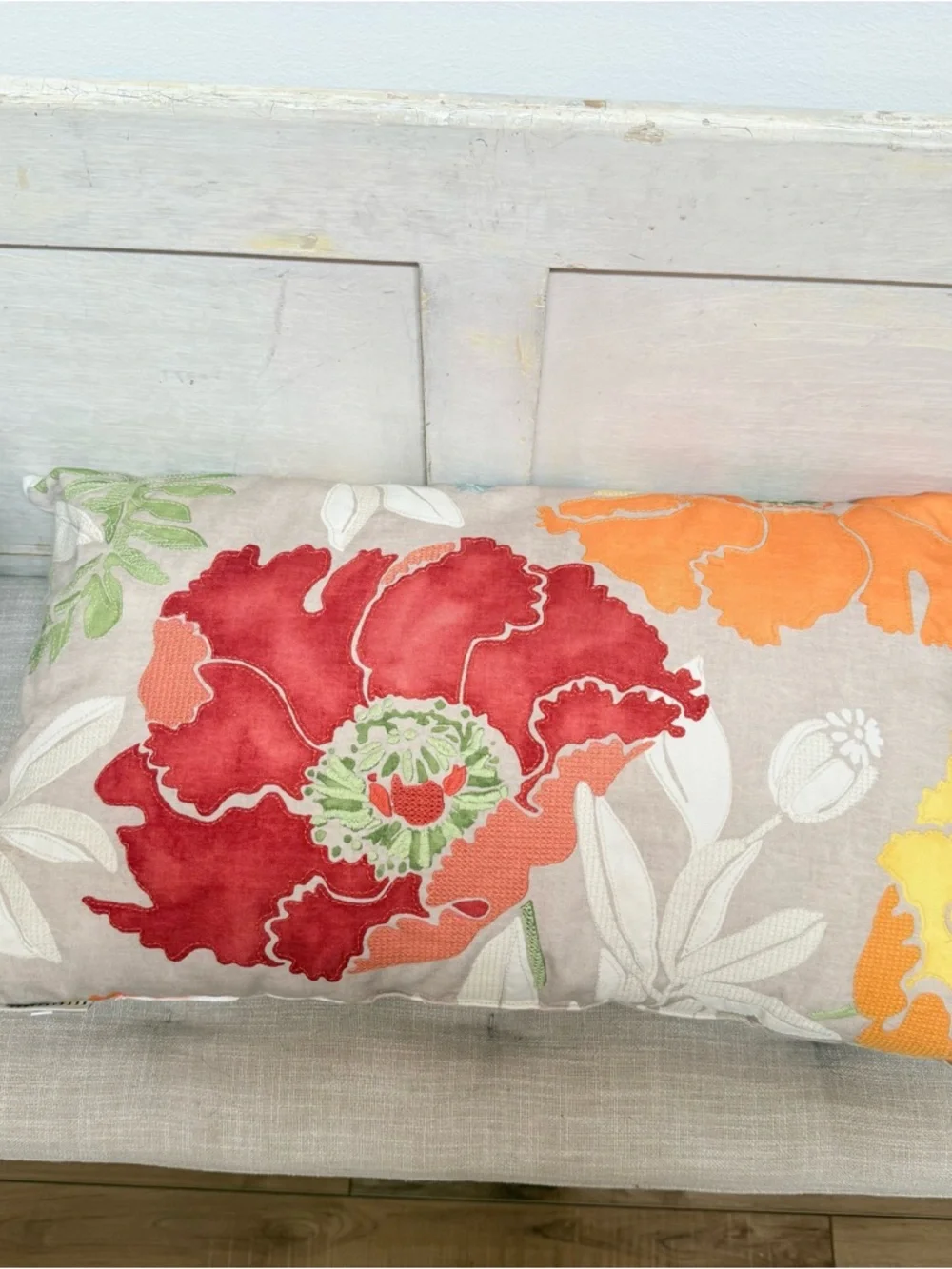 Pottery Barn Red Yellow Posy Floral Indoor Outdoor Lumbar Accent Pillow - Picture 8 of 14